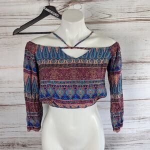 Solemio Cropped Off the Shoulder Boho Print Top Sz Medium